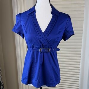 Smart Set Petite Blouse Womens P/S Blue Belted Puff Sleeve Pleated V Neck Career